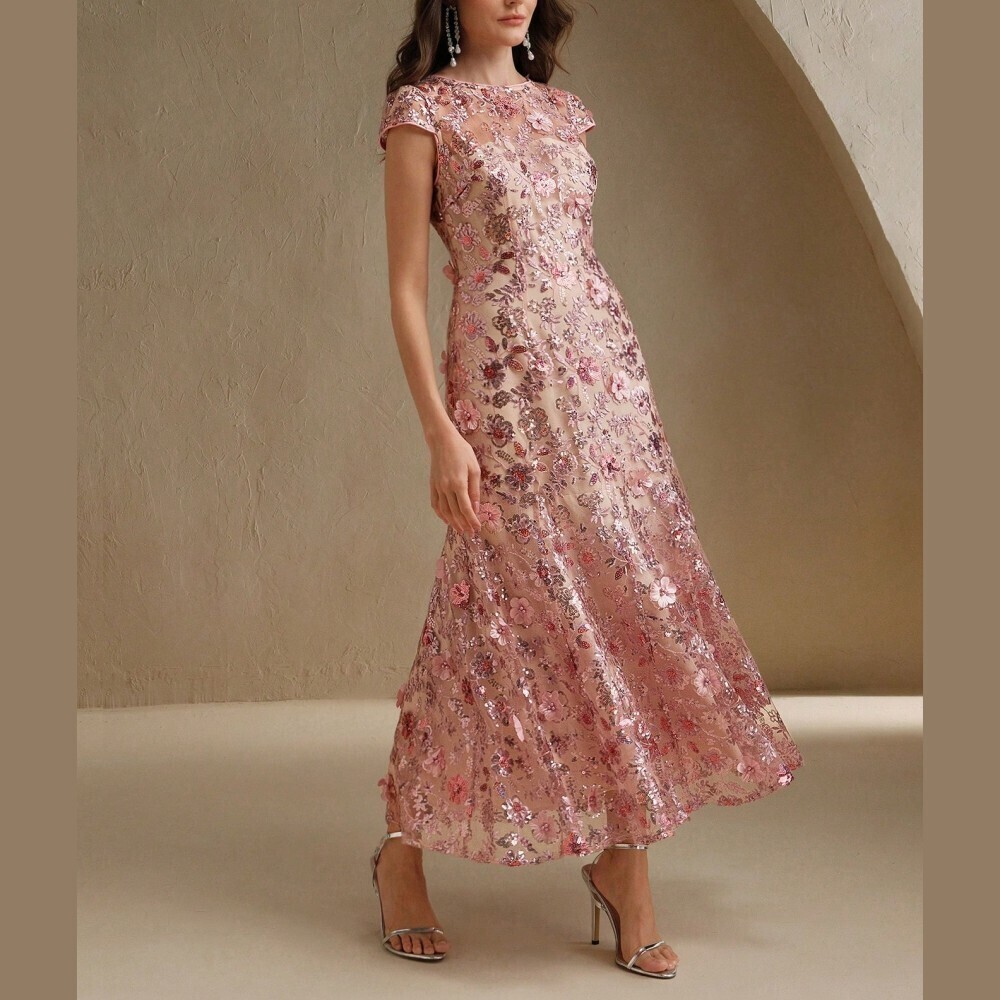 Mauve Pink Sequin Embroidery Long Dress Short Sleeve